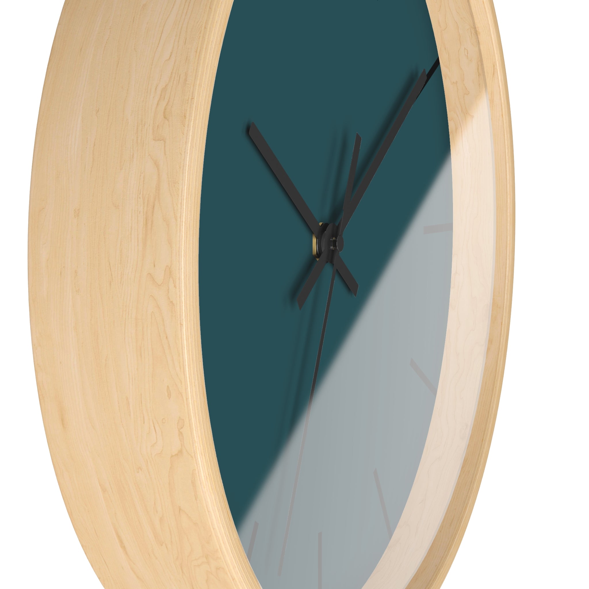 Wooden Base Black Hand Abstract Teal Modern Minimal Silent Wall Clock With Black Time Markers Side