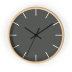 Wooden Base Black Hand Atomic Grey Modern Minimalist Silent Wall Clock With White Time Markers Front