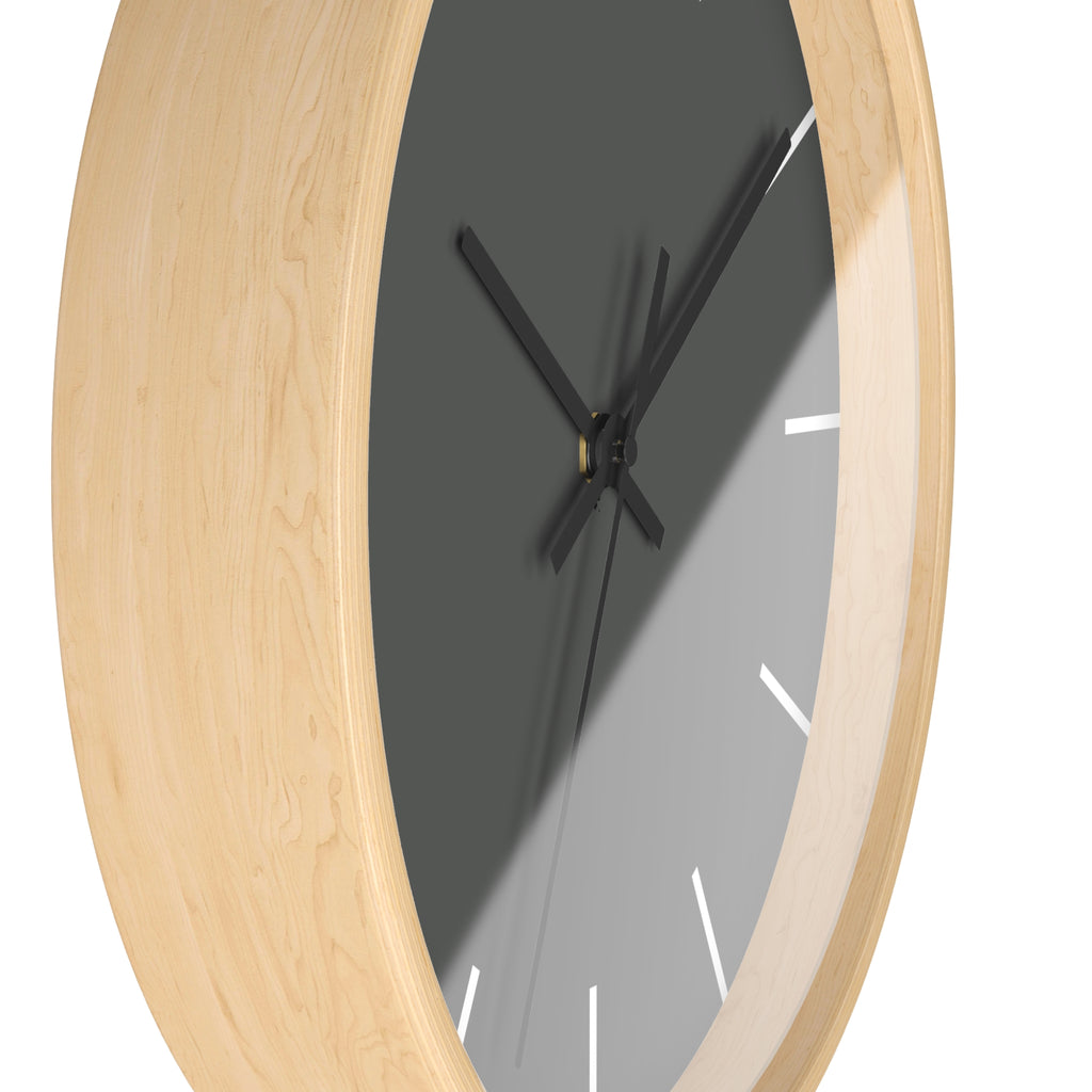 Wooden Base Black Hand Atomic Grey Modern Minimalist Silent Wall Clock With White Time Markers Side