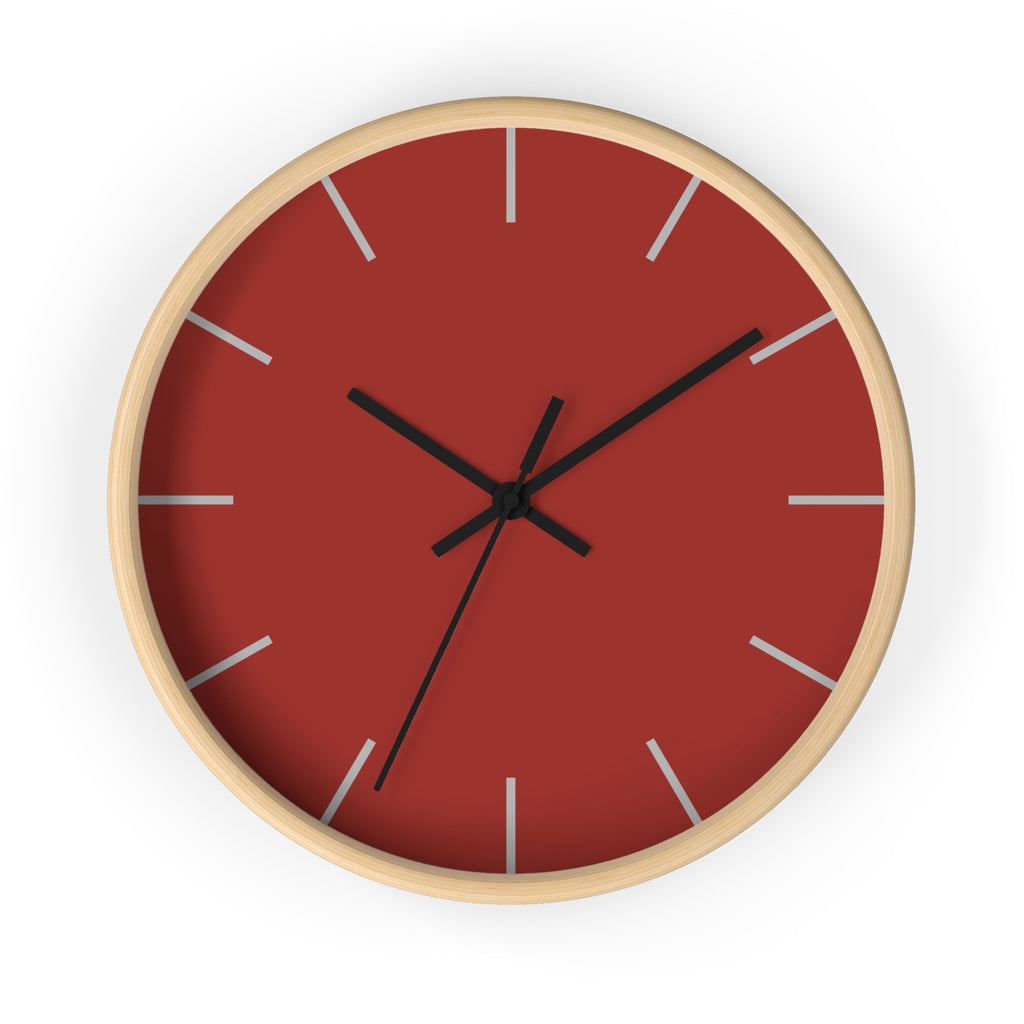 Wooden Base Black Hand Brownish Red Modern Minimal Silent Wall Clock With Light Grey Time Markers Front
