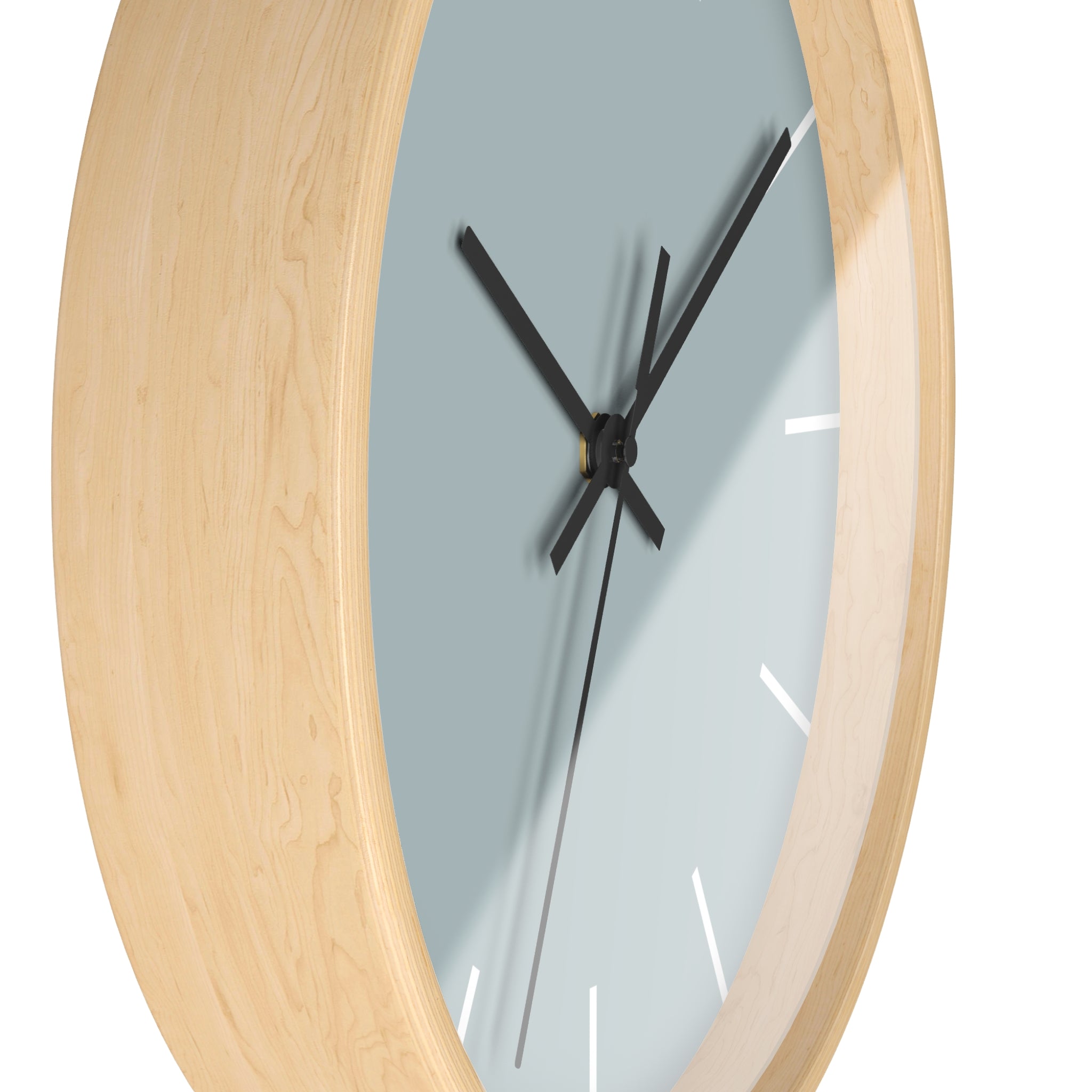 Wooden Base Black Hand Cool Silver Blue Modern Minimalist Silent Wall Clock With White Time Markers Side