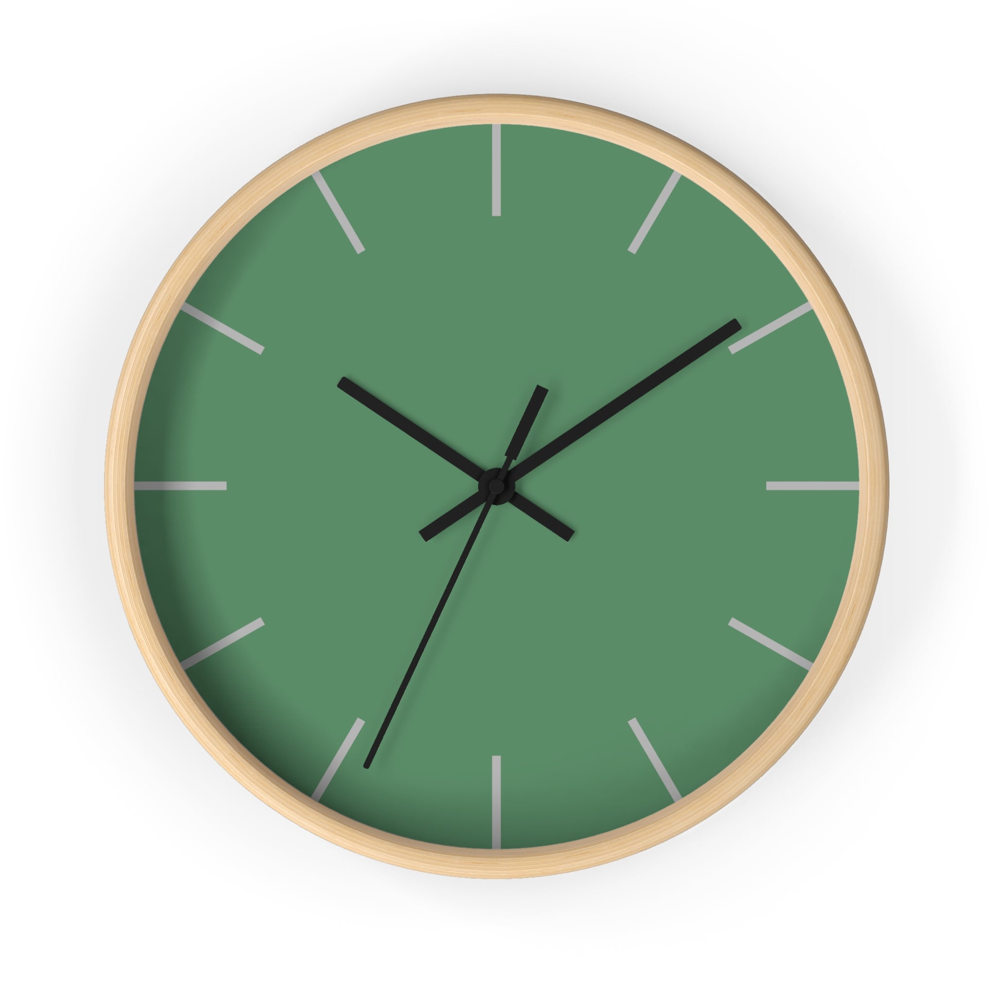 Wooden Base Black Hand Dust Green Modern Minimal Wall Clock With Ivory Grey Time Markers Front 