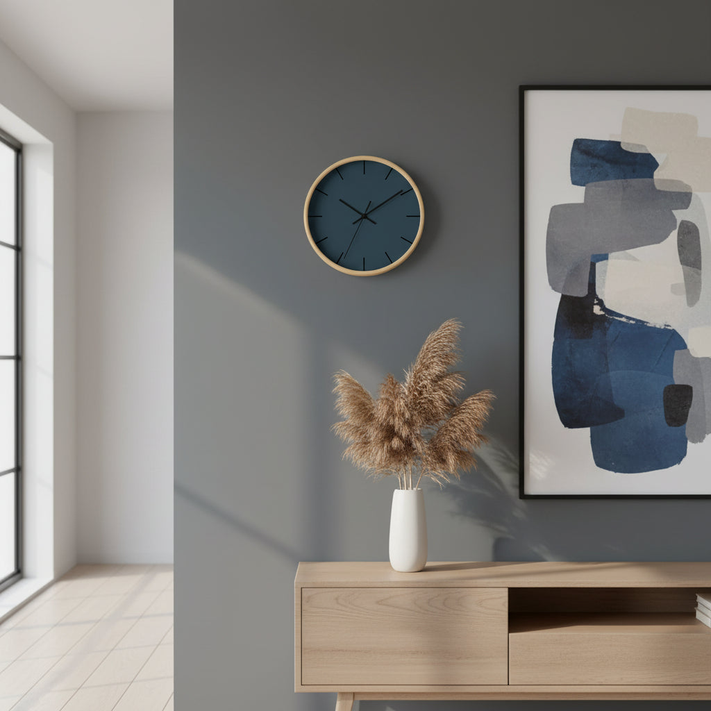 Modern interior with a Wooden Minimal Nostradamus Blue Modern Slate Wall Clock, abstract art, and decorative plant on a wooden cabinet.