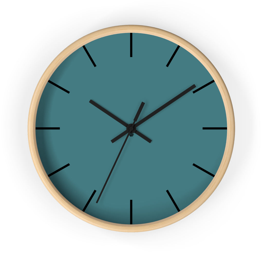 Wooden Base Black Hand Modern Minimal Bismark Teal Silent Wall Clock With Black Time Markers Front