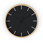 Wooden Base Black Hand Modern Minimal Carbon Fiber Black Silent Wall Clock With White Time Markers Front 