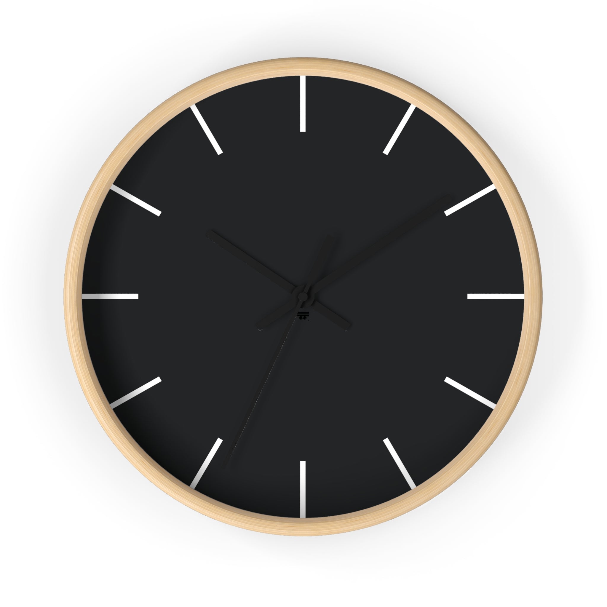 Wooden Base Black Hand Modern Minimal Carbon Fiber Black Silent Wall Clock With White Time Markers Front 