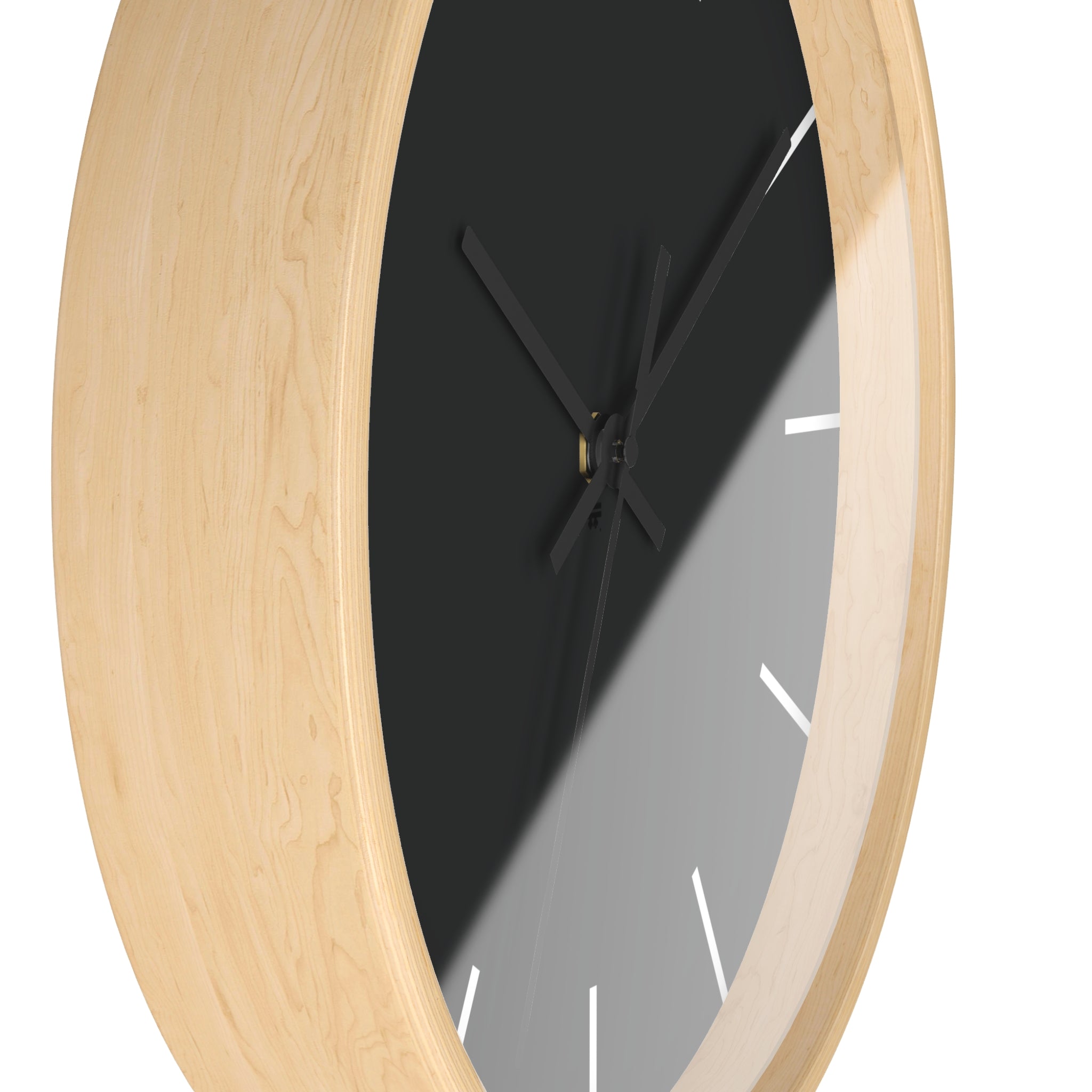  Wooden Base Black Hand Modern Minimal Carbon Fiber Black Silent Wall Clock With White Time Markers Side
