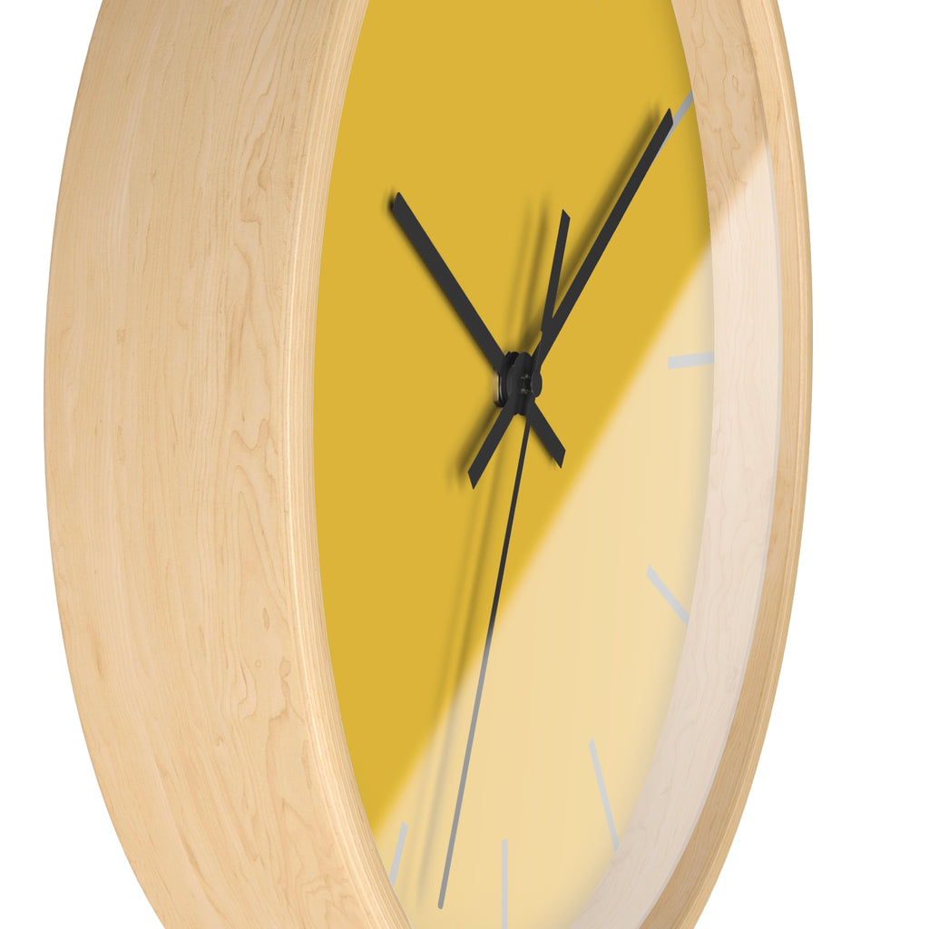 Wooden Base Black Hand Modern Minimal Champ Yellow Silent Wall Clock with Light Grey Time Markers Side 