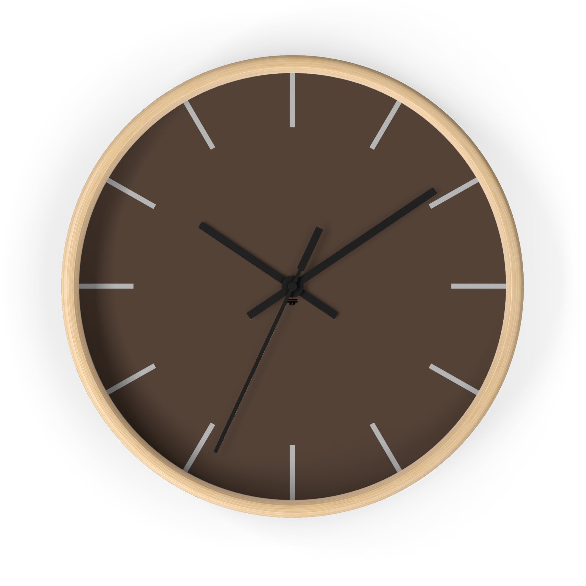 Wooden Base Black Hand Modern Minimal Country Brown Silent Wall Clock With Off White Time Markers Front 