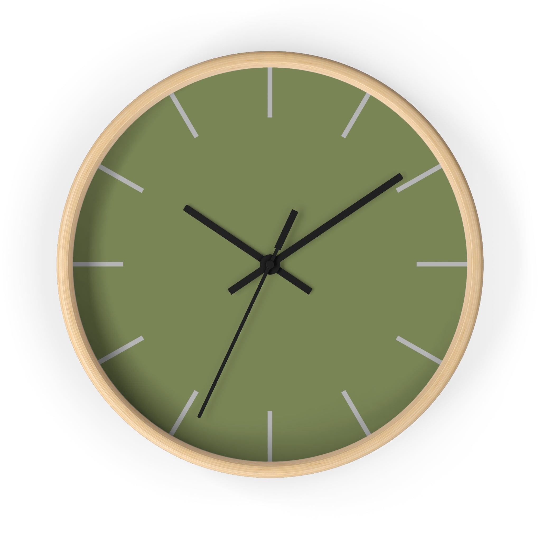Wooden Base Black Hand Modern Minimal Dark Sage Olive Green Quiet Wall Clock With Light Grey Time Markers Front