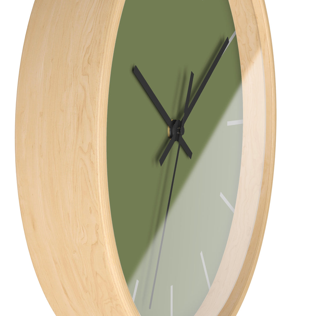 Wooden Base Black Hand Modern Minimal Dark Sage Olive Green Quiet Wall Clock With Light Grey Time Markers SIde
