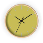 Wooden Base Black Hand Modern Minimal Dull Gold Yellow Wall Clock With Light Grey Time Markers Front