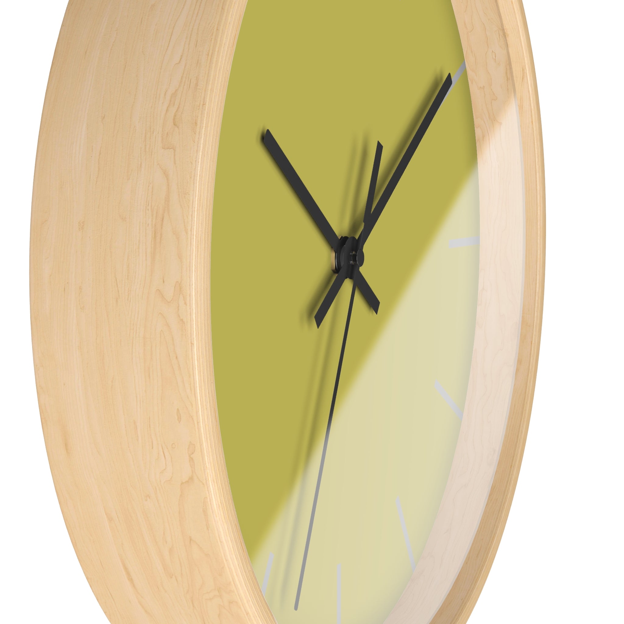 Wooden Base Black Hand Modern Minimal Dull Gold Yellow Wall Clock With Light Grey Time Markers Side