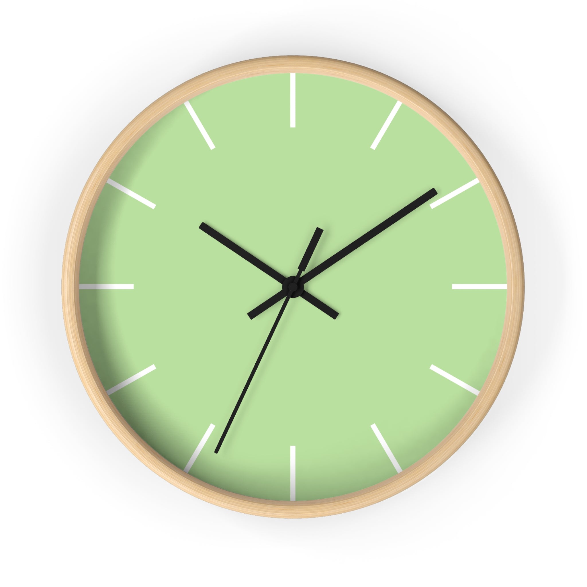 Wooden Base Black Hand Modern Minimal Fresh Green Mint Quiet Wall Clock With White Time Markers Front