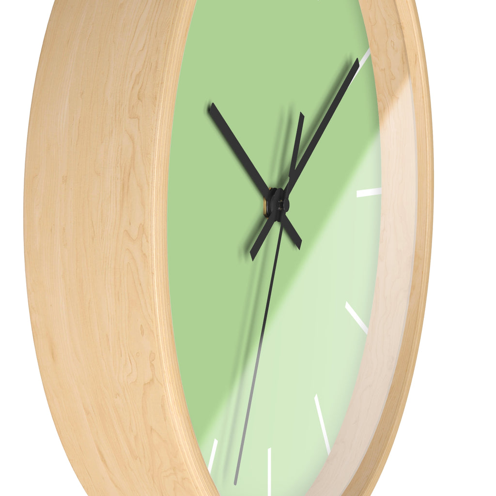 Wooden Base Black Hand Modern Minimal Fresh Green Mint Quiet Wall Clock With White Time Markers Side