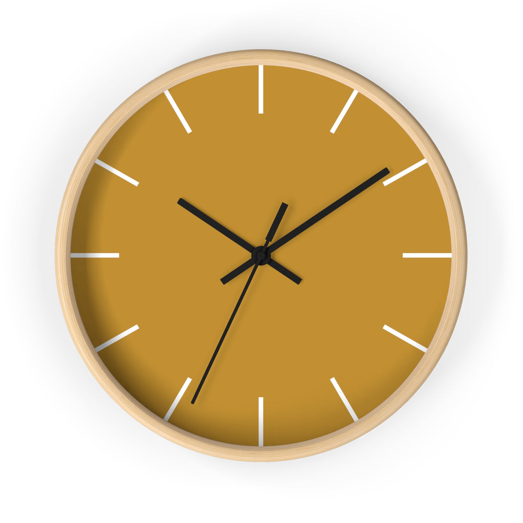 Wooden Base Black Hand Modern Minimal Gold Ochre Mustard Silent Wall Clock With White Time Markers Front