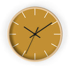 Wooden Base Black Hand Modern Minimal Gold Ochre Mustard Silent Wall Clock With White Time Markers Front
