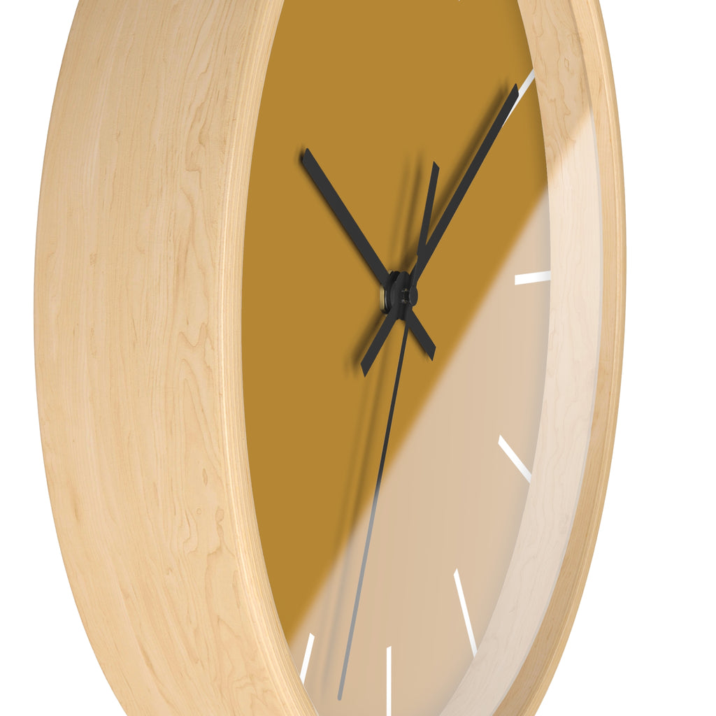 Wooden Base Black Hand Modern Minimal Gold Ochre Mustard Silent Wall Clock With White Time Markers Side
