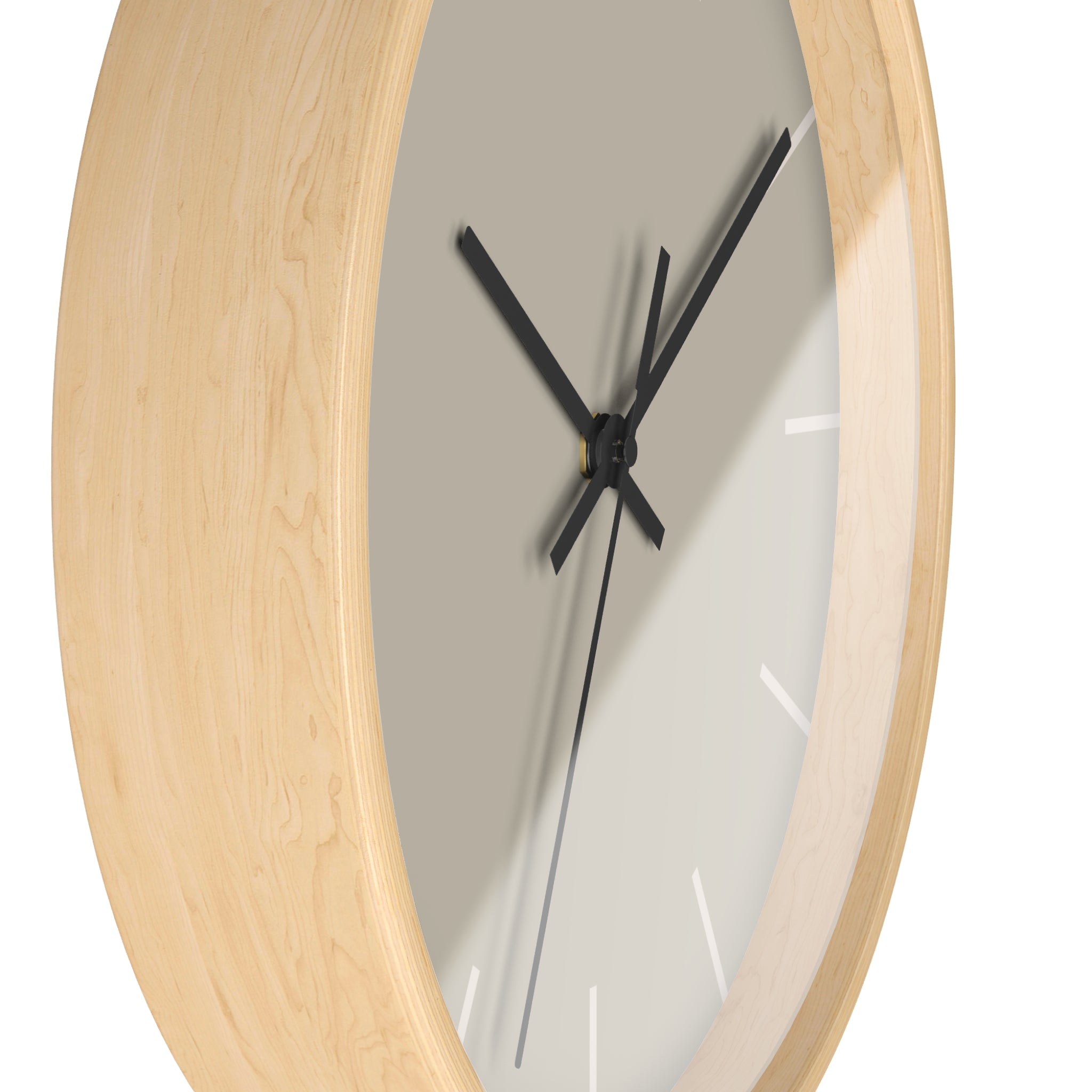 Wooden Base Black Hand Modern Minimal Ivory Grey Beige Silent Wall Clock With Off White Time Markers Side