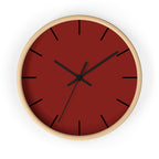 Wooden Base Black Hand Modern Minimal Maroon Bloodstone Red Silent Wall Clock With Black Time Markers Front