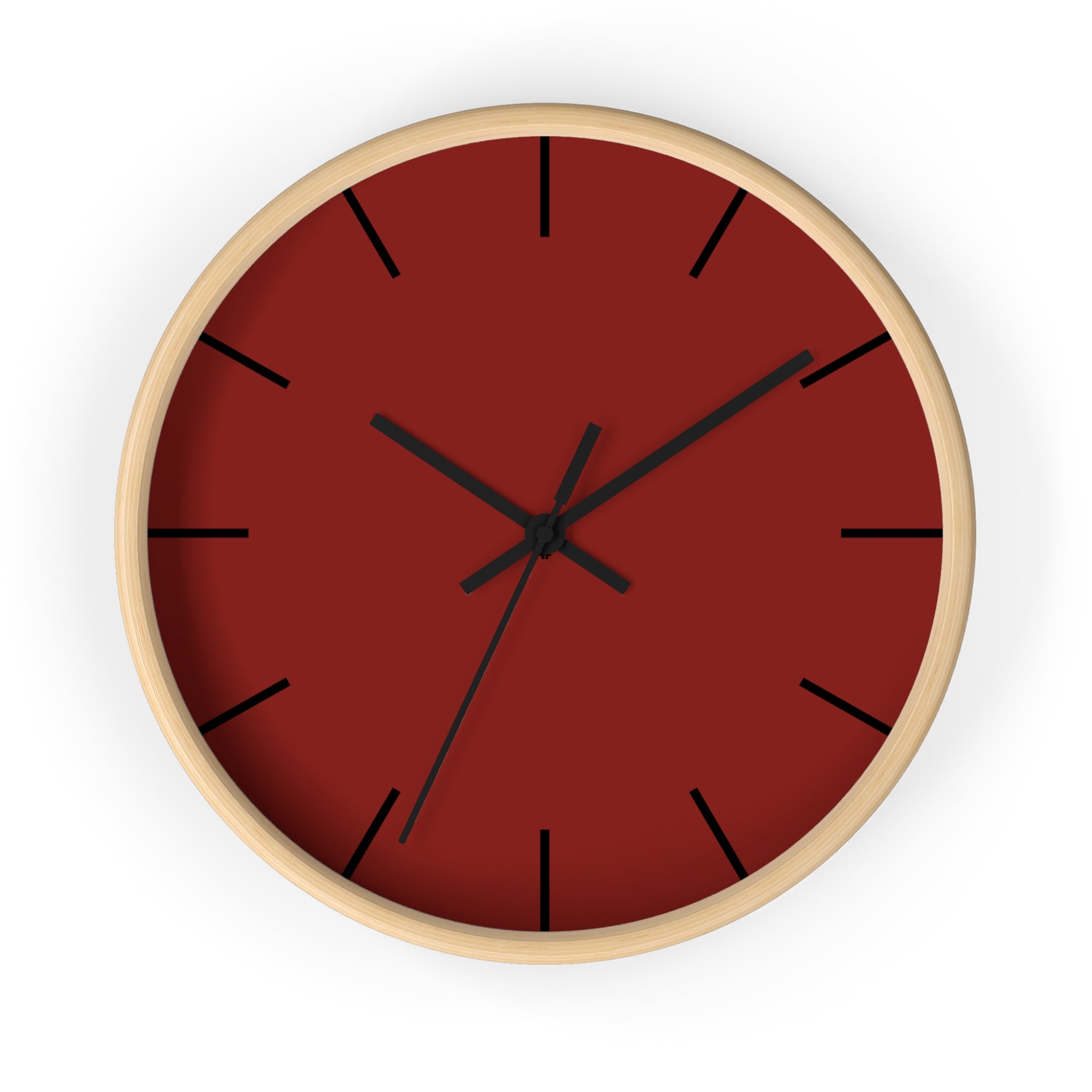 Wooden Base Black Hand Modern Minimal Maroon Bloodstone Red Silent Wall Clock With Black Time Markers Front