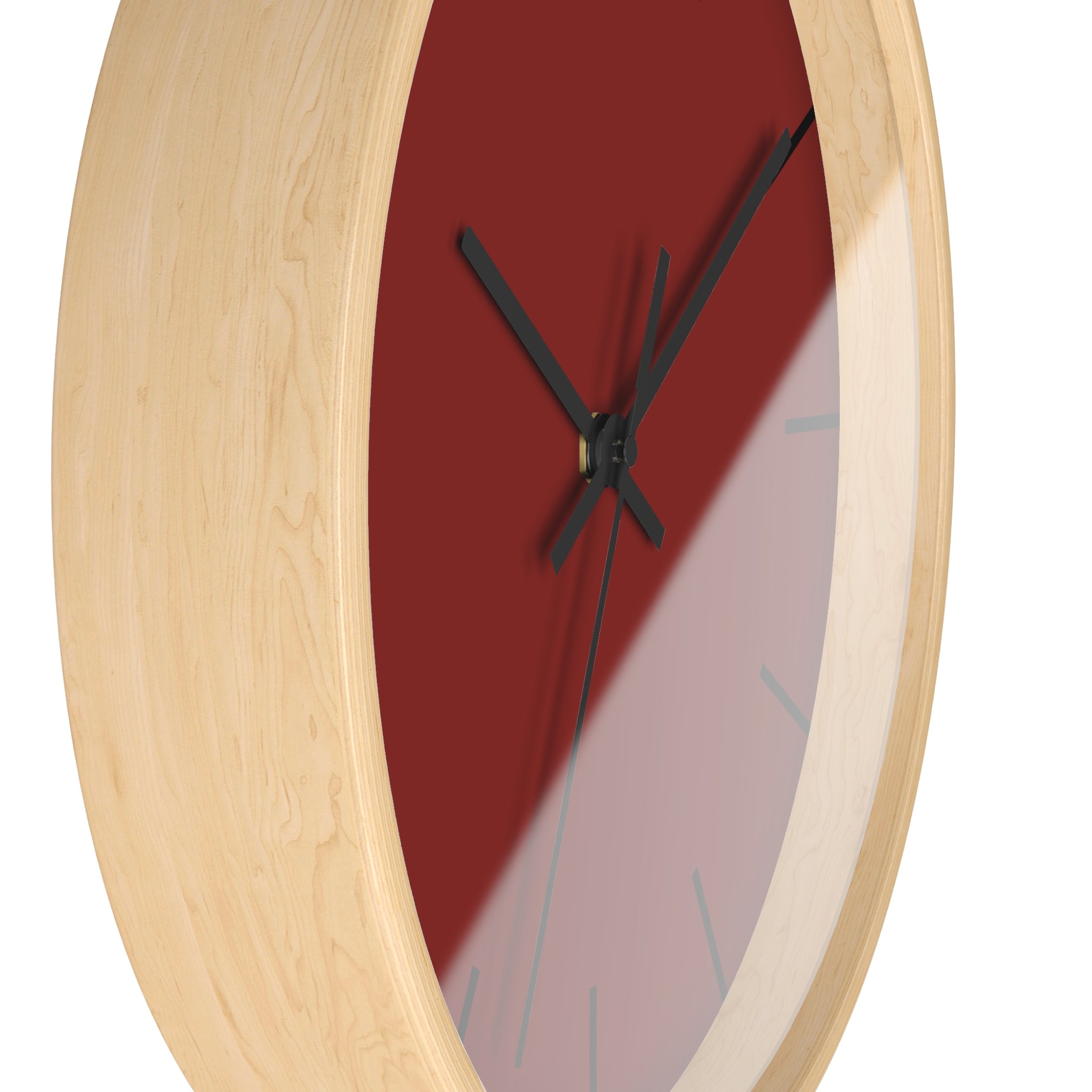 Wooden Base Black Hand Modern Minimal Maroon Bloodstone Red Silent Wall Clock With Black Time Markers Side