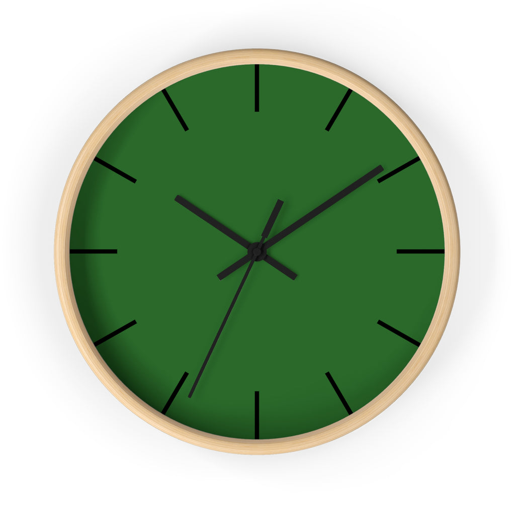 Wooden Base Black Hand Modern Minimal Mughal Green Silent Analog Wall Clock with black time markers Front