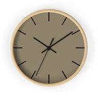 Wooden Base Black Hand Modern Minimal Neutral Taupe Silent Wall Clock With Black Time Markers Front