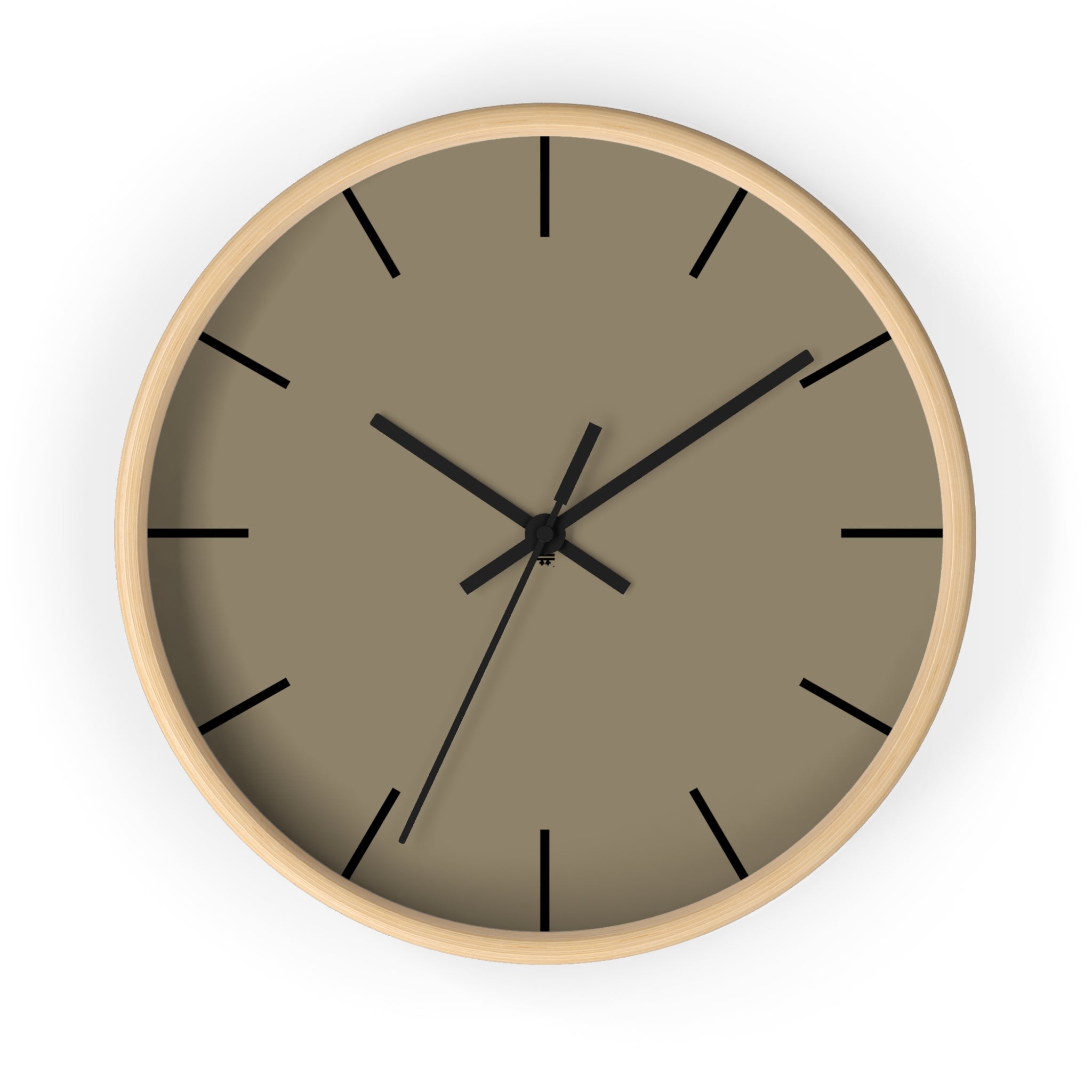 Wooden Base Black Hand Modern Minimal Neutral Taupe Silent Wall Clock With Black Time Markers Front
