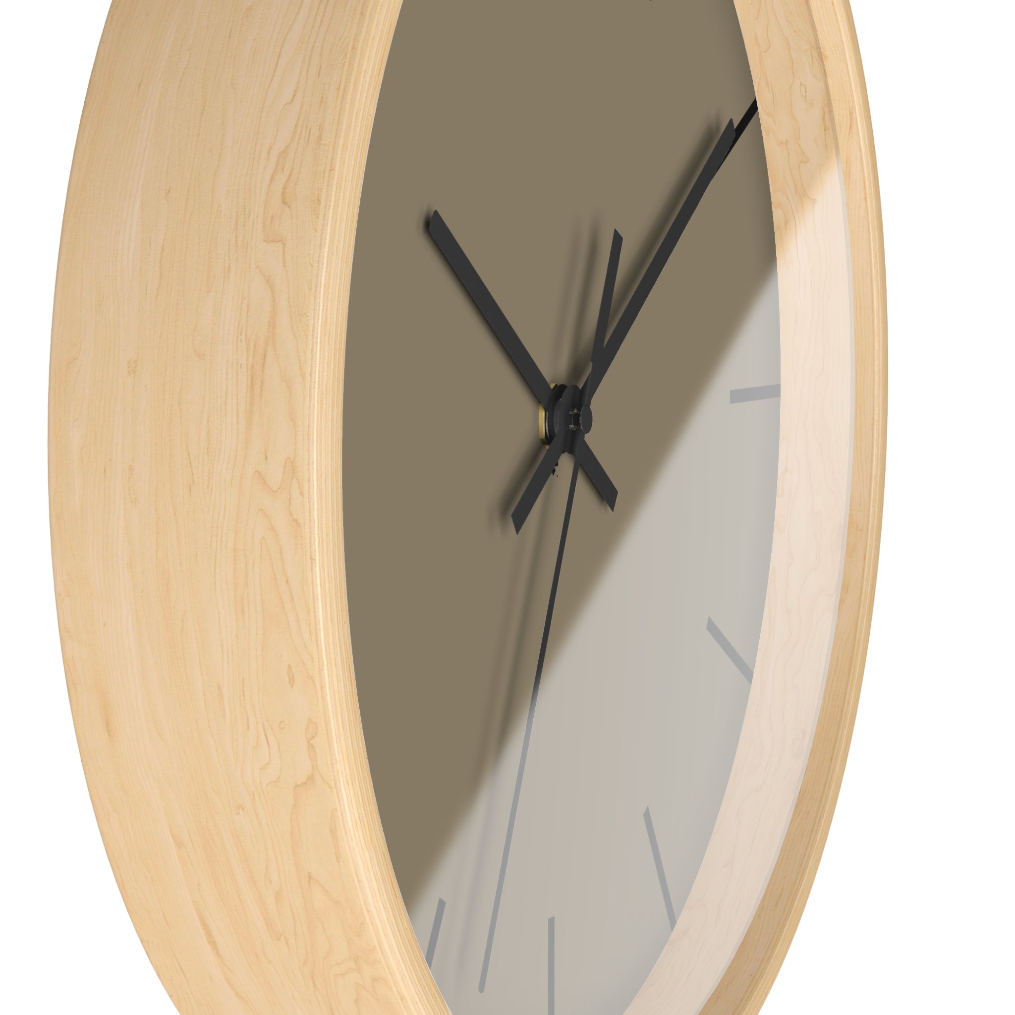 Wooden Base Black Hand Modern Minimal Neutral Taupe Silent Wall Clock With Black Time Markers Side 
