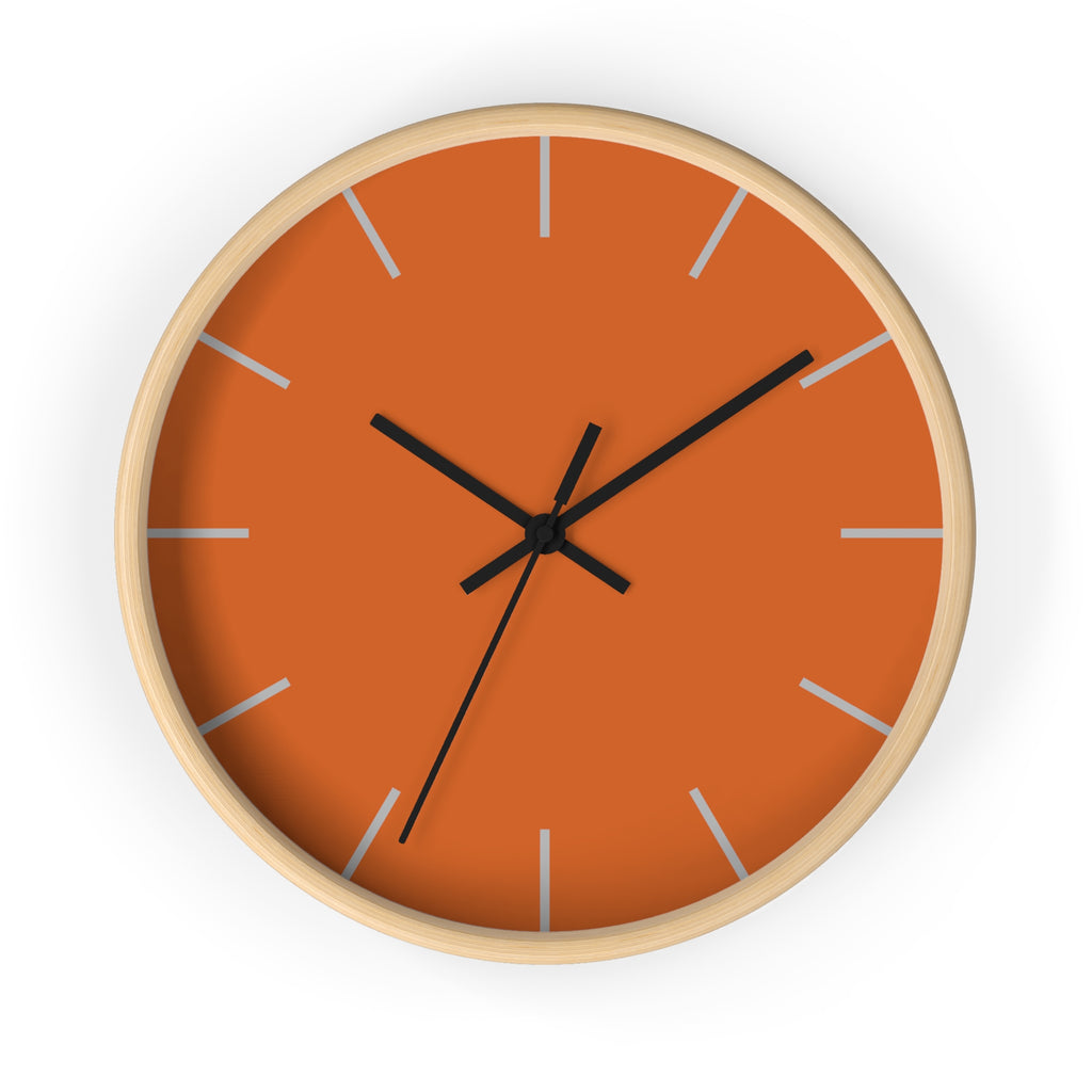 Wooden Base Black Hand Modern Minimal Roman Earth Rust Orange Wall Clock With Light Grey Time Markers Front