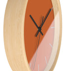 Wooden Base Black Hand Modern Minimal Roman Earth Rust Orange Wall Clock With Light Grey Time Markers Side 