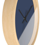 Wooden Base Black Hand Modern Minimal Rugged Blue Navy Silent Wall Clock With Country Brown Time Markers Side