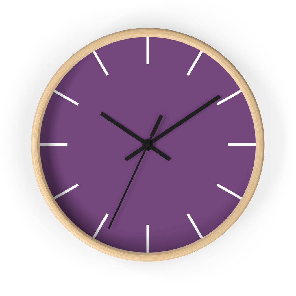 Wooden Base Black Hand Modern Minimal Silent Purple Wall Clock With White Time Markers Front