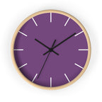 Wooden Base Black Hand Modern Minimal Silent Purple Wall Clock With White Time Markers Front