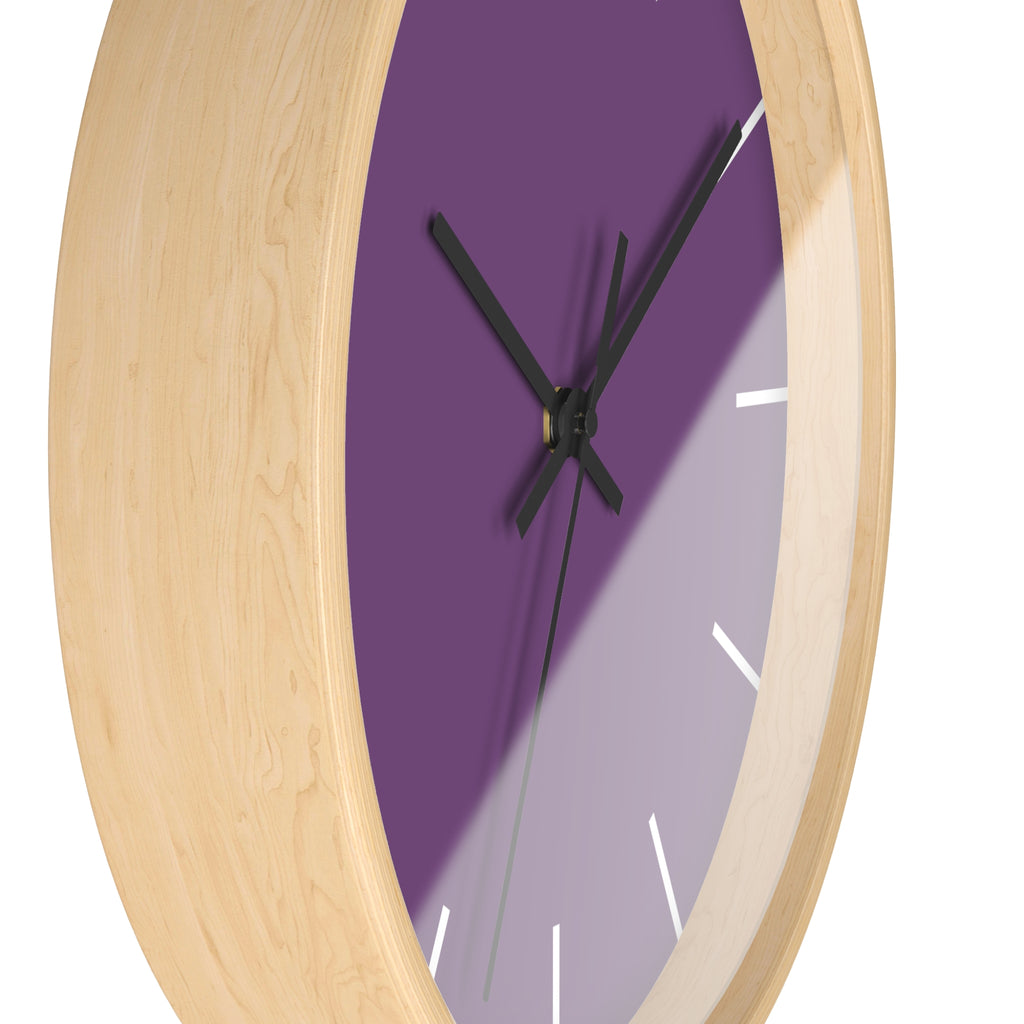Wooden Base Black Hand Modern Minimal Silent Purple Wall Clock With White Time Markers Side