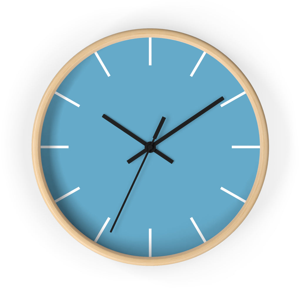 Wooden Base Black Hand Modern Minimal Vintage Blue Wall Clock With Black Time Markers Front