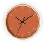 Wooden Base Black Hand Modern Minimalist Boho Rust Orange Wall Clock With Light Grey Time Markers Front