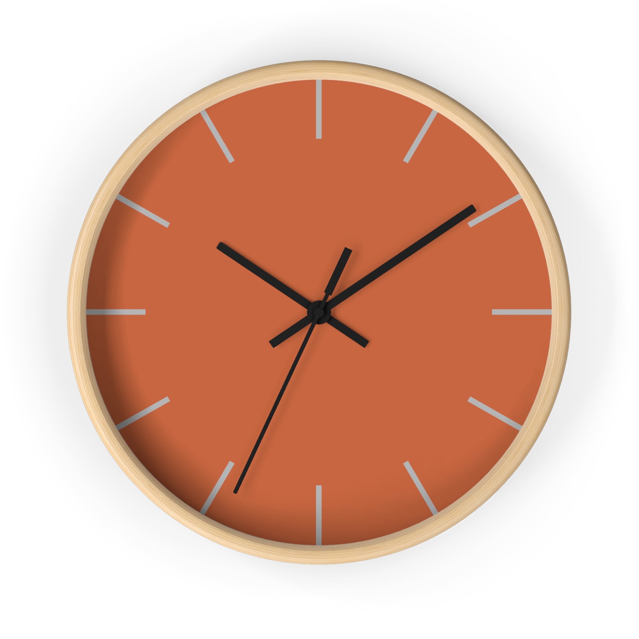 Wooden Base Black Hand Modern Minimalist Boho Rust Orange Wall Clock With Light Grey Time Markers Front