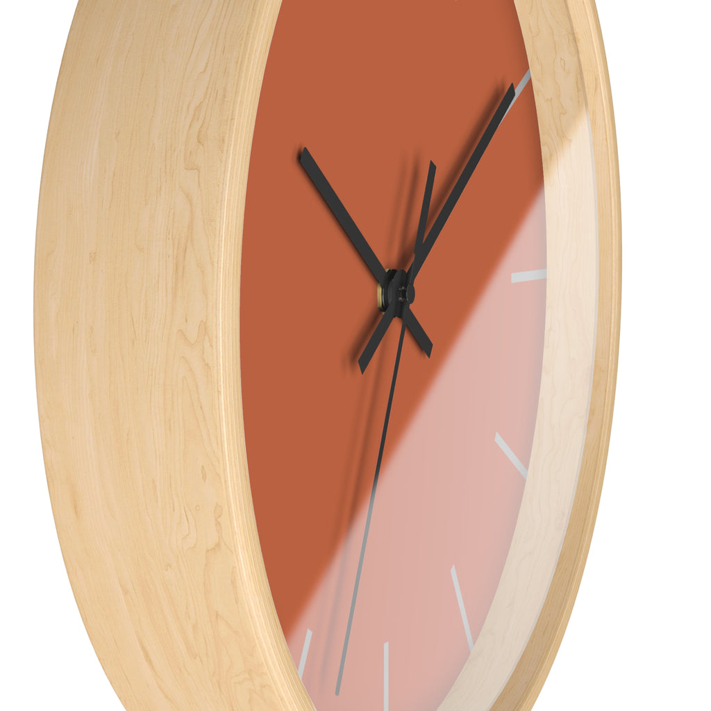 Wooden Base Black Hand Modern Minimalist Boho Rust Orange Wall Clock With Light Grey Time Markers Side