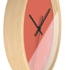 Wooden Base Black Hand Modern Minimalist Coral Salmon Red Wall Clock With Light Grey Time Markers Side