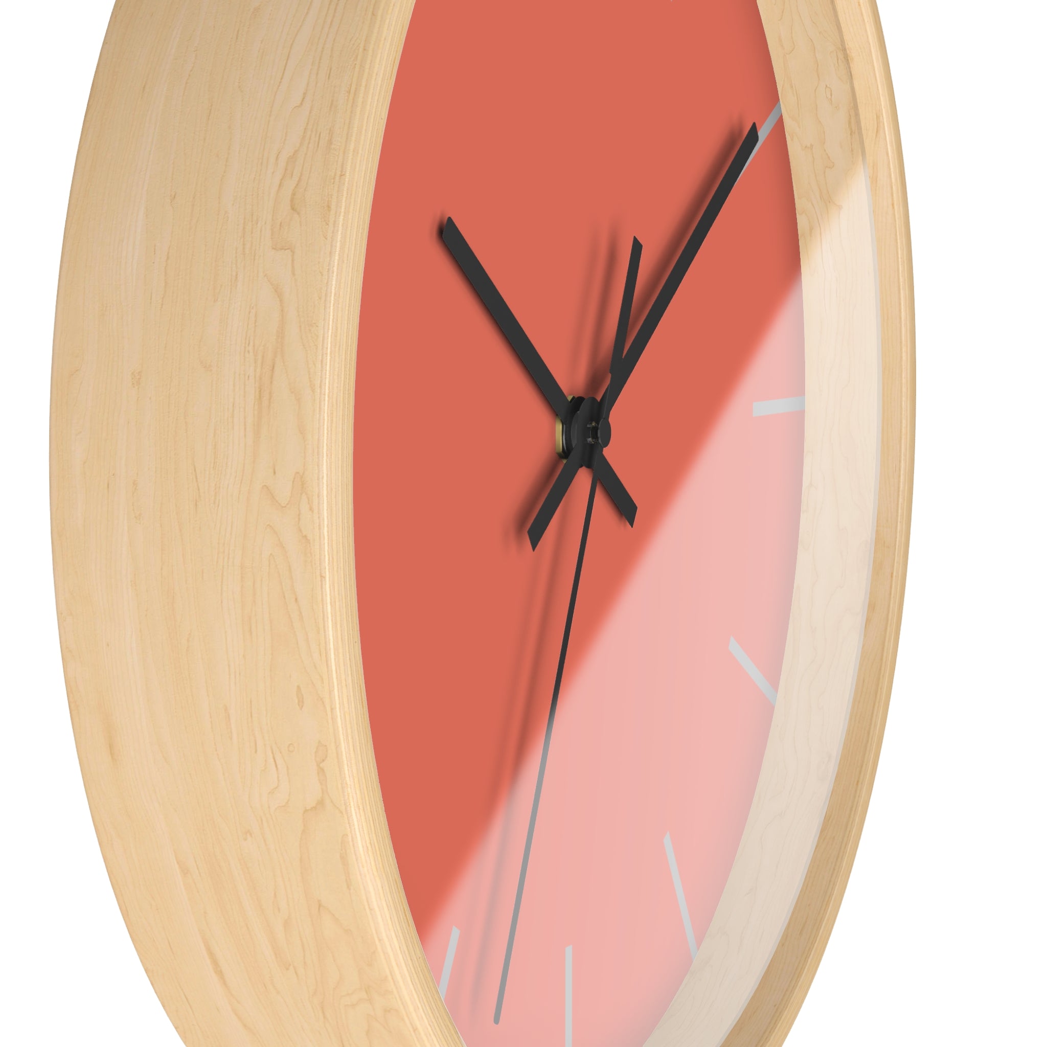 Wooden Base Black Hand Modern Minimalist Coral Salmon Red Wall Clock With Light Grey Time Markers Side
