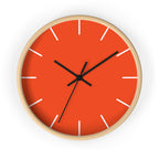 Wooden Base Black Hand Modern Minimalist Dragon Fire Red Orange Wall Clock With White Time Markers Front