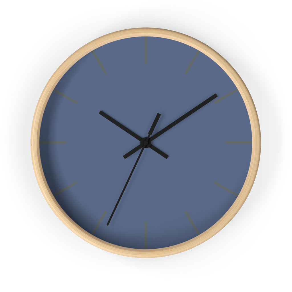 Wooden Base Black Hand Modern Minimalist Dust Blue Silent Wall Clock With Light Brown Time Markers Front 