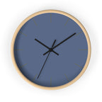Wooden Base Black Hand Modern Minimalist Dust Blue Silent Wall Clock With Light Brown Time Markers Front 