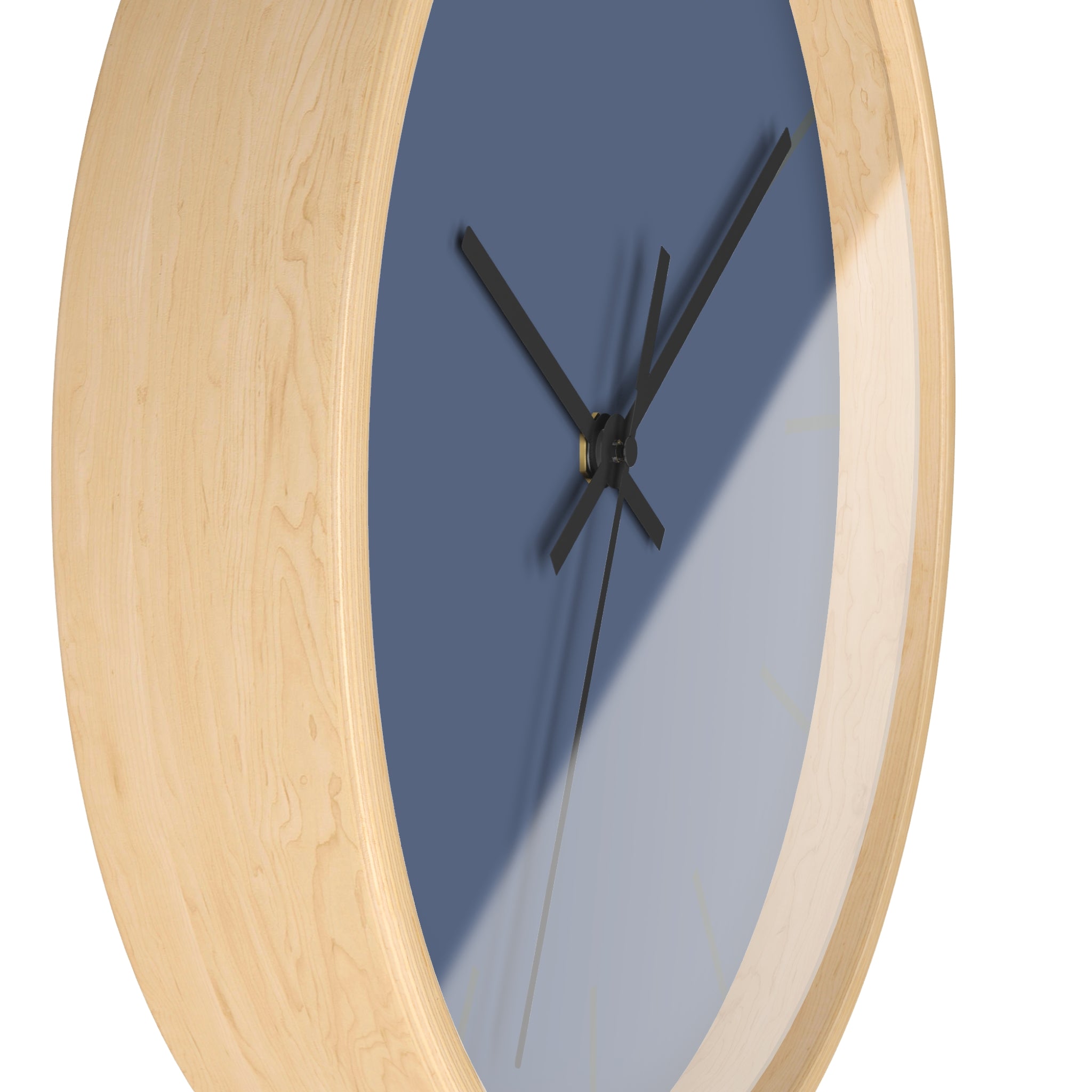 Wooden Base Black Hand Modern Minimalist Dust Blue Silent Wall Clock With Light Brown Time Markers Side