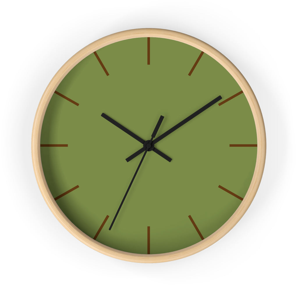Wooden Base Black Hand Olive Green Modern Minimal Silent Wall Clock With Saddle Brown Time Markers Front