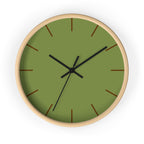 Wooden Base Black Hand Olive Green Modern Minimal Silent Wall Clock With Saddle Brown Time Markers Front