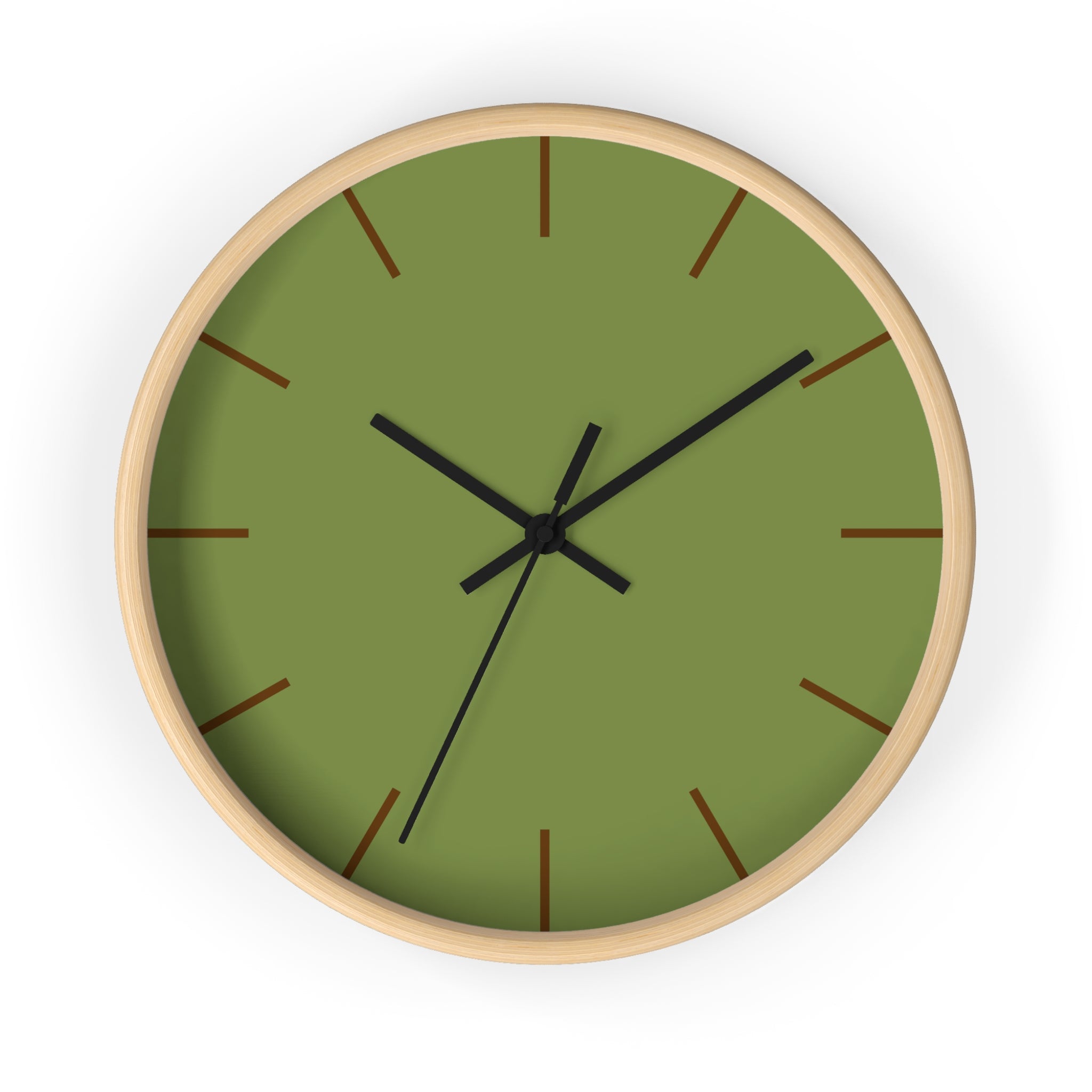 Wooden Base Black Hand Olive Green Modern Minimal Silent Wall Clock With Saddle Brown Time Markers Front