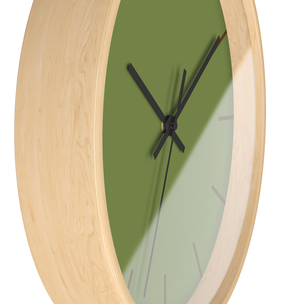 Wooden Base Black Hand Olive Green Modern Minimal Silent Wall Clock With Saddle Brown Time Markers Side
